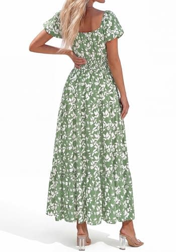 BTFBM Summer Dress for Women 2026 Spring Floral Short Sleeve Casual Flowy A-Line Smocked Tiered Maxi Dresses Pockets(Floral Green White, Medium) - Thumbnail 3