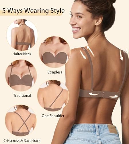 ZYQEXA Strapless Push Up Bras for Women - Underwire Supportive Plunge Convertible Halter Racerback Bralette Full Coverage Seamless Non Slip Workout Sexy Tshirt Invisible Bra, Coffee, 36D - Thumbnail 2