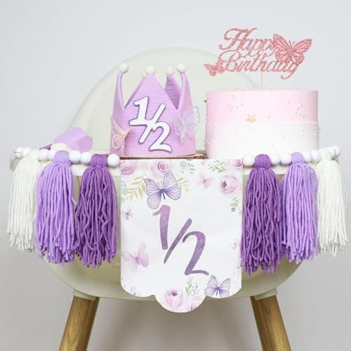Purple Handmade Half Birthday Decorations, 6 Month Party Set with High Chair Banner, Hat & Cake Topper, Half Way to One Baby Girl Decorations Party for 1/2 Birthday Girl Photoshoot Props - Thumbnail 6