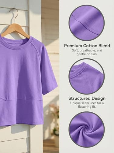 Humordream Girls Shirts Kids Raglan Short Sleeve T Shirts Summer Crewneck Oversized Crop Top Basic Tees 5-14Y Purple - Thumbnail 5