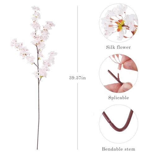 Apeair Artificial Cherry Blossom Branches 3Pcs 40" Faux Silk Cherry Blossom, Fake Flowers with Leaves Bouquet Decorations for Home Living Room Bedroom Table Centerpiece Vase Wedding Decor - Thumbnail 2