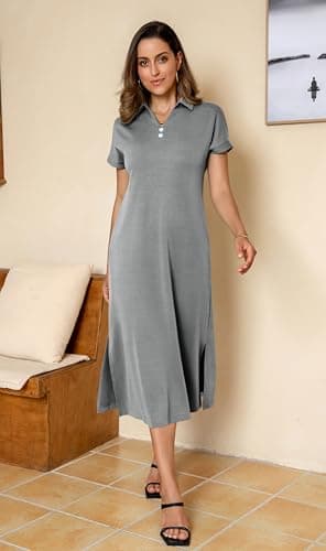 BEXIBOOM Women's T Shirt Maxi Dress, Summer Cap Sleeve V Neck Collared Casual Long Dress with Pockets, Side Split Vacation Dress Dark Gray-XL - Thumbnail 2