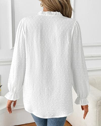 Bsubseach Womens Tops Ruffle Long Sleeve Swiss Dot Blouses for Women Dressy Casual Fashion Shirts White L - Thumbnail 5