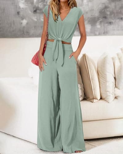 PRETTYGARDEN Woman 2 Piece Pants Sets Spring Fashion Elastic Waist Crop Tops Formal Prom Club Holiday Outfits For Women(Solid Light Green,XX-Large) - Thumbnail 3