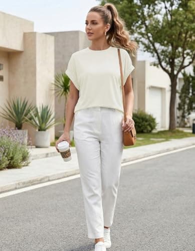 Womens Summer Crop Tops Cap Sleeve Tshirt Summer Crew Neck Solid Color Shirts Apricot - Thumbnail 3