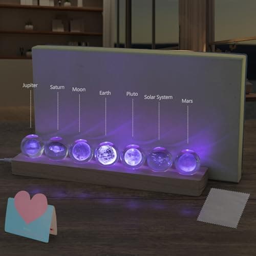 7 Pcs Solar System Planet Crystal Ball with LED Wooden Base Valentine's Gift, 3D Outer Space Astronomy Gifts Room Office Decor Crystal Sphere Unique Christmas Gifts Night Light Planet Lamp - Thumbnail 2