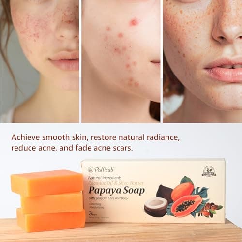 PALFICAB Papaya Soap for Face & Body, Natural Gentle Exfoliation Soap for All Types – Reduce Acne, Cleanse Scars & Blackhead – with Papaya, Coconut Oil & Shea Butter, Purple Foaming Net, 3 Bars - Thumbnail 3
