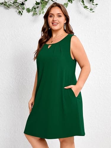 AusLook Plus Size Summer Midi Dress for Women Sleeveless Casual A Line Swing Green 3X Dress with Pockets Keyhole Neck Solid Color Vacation Beach Travel Dress - Thumbnail 4