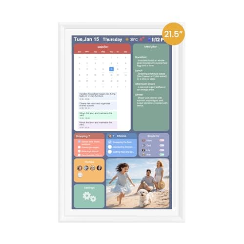 21.5-Inch Smart Digital Calendar & Photo Frame for Family, Large Wall Planner with Auto-Sync to Apple, Google & Outlook, Touchscreen Display with Chore Chart, To-Do Lists & Meal Planner, No Subscription, White Frame