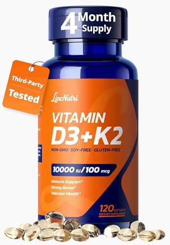 LincNutri Vitamin D3 K2 10000IU, MK-7 100mcg, 120 Softgels Supplements, Gluten Free, Bone & Heart Health, Immune Support,K2 D3 Vitamin Easy to Swallow, Vitamina D3 con K2 for 4-Month Supply - Image 1