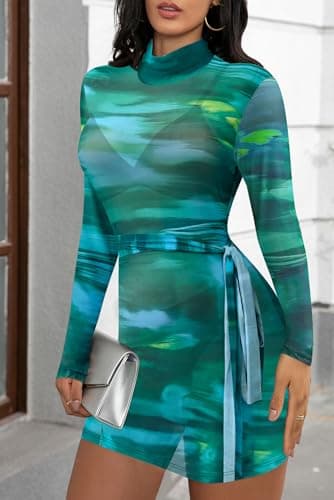 MSVLDR Sexy Long Sleeve Mini Dress for Women Sheer Mesh Printed Crew Neck Bodycon Party Clubwear See Through Dresses Green X-Small - Thumbnail 5
