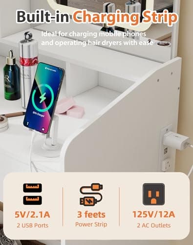Favoduerme Small Makeup Vanity Desk for Girls with Lighted Mirror, 26.5” W Dressing Table with 2 Drawers and Power Outlet, 3 Light Modes & Adjustable Brightness, Vanity Table for Women Bedroom, White - Thumbnail 4