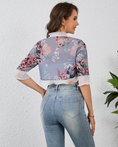 Molirex Bolero Shrugs for Dresses Formal 3/4 Sleeve Open Front Chiffon Cardigans Summer Sheer Cropped Sweater Floral Grey M - Thumbnail 5