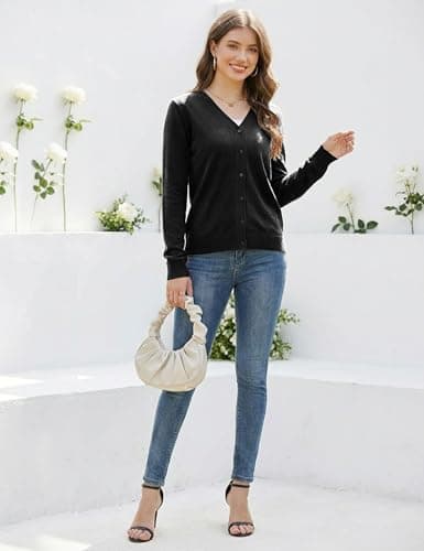 LaGracia Cardigan Sweaters for Women Long Sleeve V Neck Button Down Open Front Wool Blend Lightweight Sweater Black S - Thumbnail 6
