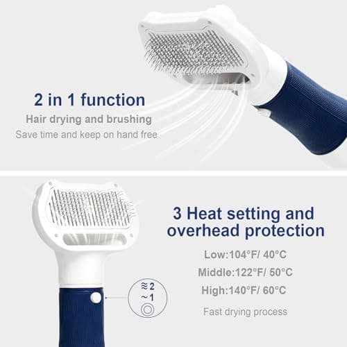 3-in-1 Dog Hair Dryer with Slicker Brush for Small and Medium-Sized Dogs and Cats Pet Hair Dryer Dog Blow Dryer Portable Overheat Protection Adjustable Temperature - Thumbnail 2