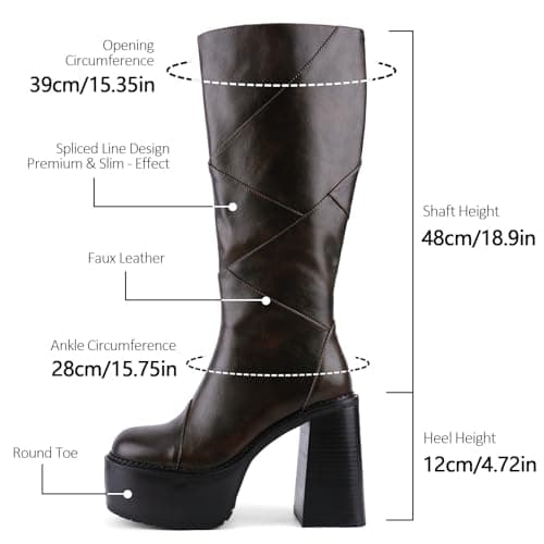 QIV Dark Brown Knee High Platform for Women Chunky Round Toe High Heel Motorcycle Combat Punk Tall Boots with Side Zipper Size 8.5 - Thumbnail 6