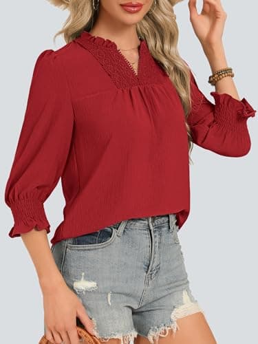 Funlingo Women Blouses Dressy Casual V Neck 3/4 Length Sleeve Womens Tops Boho Lace Crochet T Shirts Beach Vacation Spring Clothes 2026 Red L - Thumbnail 3