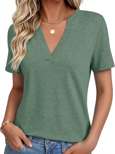 NORACORA Women's V Neck Short Sleeve T Shirt Summer Casual Tops Loose Fit Basic Blouses Trendy Fashion for Work Daily Wear Dark Green S - Image 1