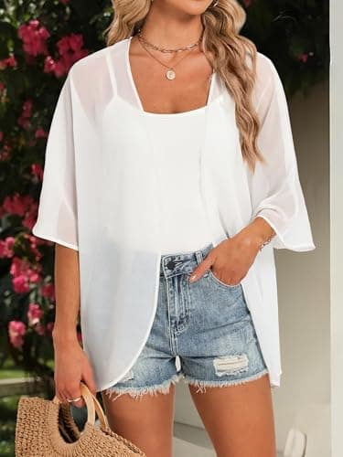 GKBK Women's Floral Print Puff Sleeve Kimono Cardigan Loose Cover Up Casual Blouse Ladies Shirts Casual Tops White L - Thumbnail 2