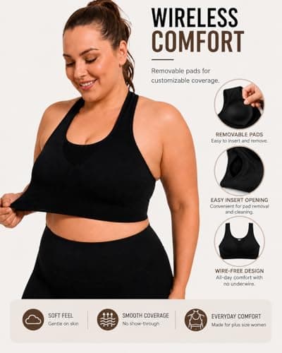 FANCMISTERY Plus Size Sports Bra for Women Racerback Wireless Padded Bra with Ventilated Mesh and Anti-Slip Design for Yoga,Cycling,Jogging and Workout (US, Alpha, 3X-Large, Plus, Regular, Black) - Thumbnail 5