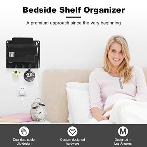 JUMEIHUI Wall Mount Shelf Organizer, Adhesive Bedside Shelf Accessories with Hooks and Cable Clips, Dorm Room Wall Storage for Phone, Remote, Earphone, Kindle, Plastic(Black) - Thumbnail 5