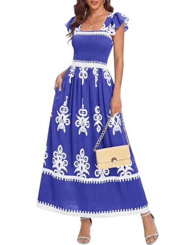 BTFBM Summer Dresses for Women 2026 Casual Floral Boho Sleeveless Square Neck A Line Flowy Beach Maxi Sundress Pockets(Blue Flower, Large) - Image 1