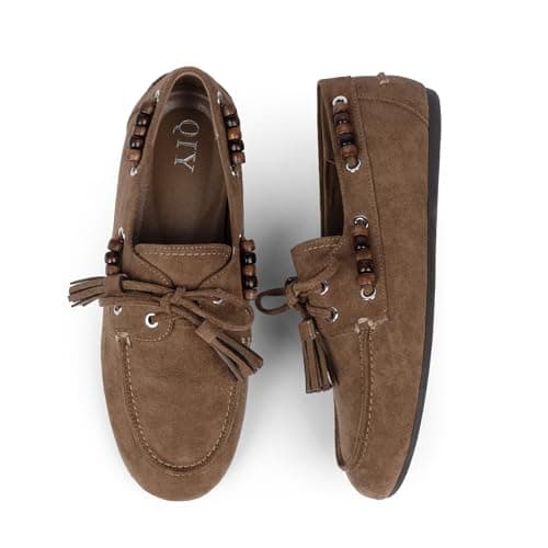 QIY Tan Camel Suede Loafers for Women Fringe Beaded Moccasins Flats Dressy Lace up Driving Loafers Comfortable Lightweight Office Casual Wear Flats Size 7 - Thumbnail 4