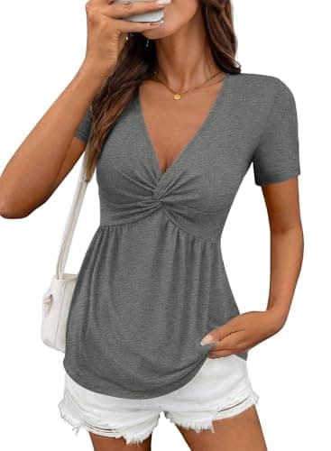 Acelitt Women Fashion 2026 Casual Summer V Neck Twist Front T Shirts Short Sleeve Tunic Tops Ruffle Flowy Tees Solid Gray Large - Image 1