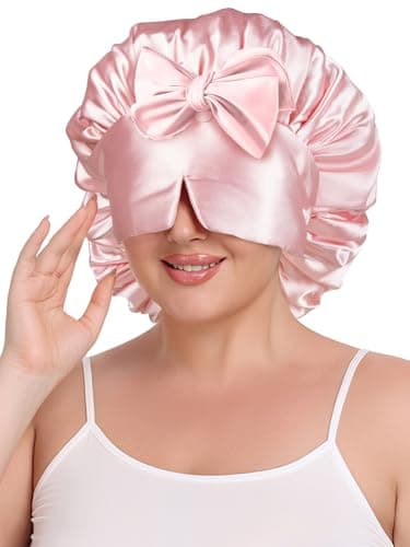 Vettres Double Layer Satin Bonnet for Sleeping with Detachable Eye Mask Adjustable Night Cap for Curly, Natural, Braided Hair Reduces Frizz & Locks in Moisture Yellow Strawberry - Image 1