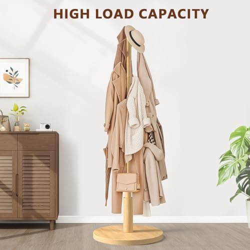 ACIPENSER Coat Rack Freestanding Wooden Coat Tree Stand with 8 Round-tip Hooks, 3 Adjustable heights Coat Hat Rack for Entryway,Bedroom,Hallway,Office (Natural) - Thumbnail 5