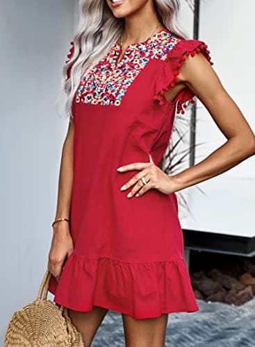 KIRUNDO Women's 2026 Summer Mini Dress Spring Casual V Neck Floral Embroidered Ruffle Sleeveless Shift Flowy Boho Dress (B-Red, Small) - Thumbnail 4