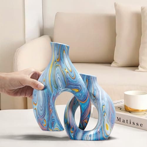 Blue Ceramic Flower Vase Set of 2, Unique Modern Decor by TZIZO - Thumbnail 2