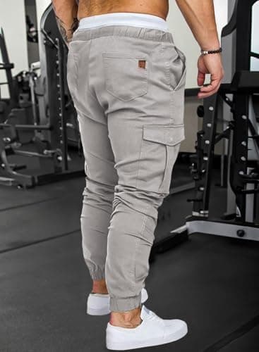JMIERR Man Fashion Cargo Pants - Casual Cotton Tapered Stretch Twill Chino Athletic Joggers Sweatpants Drawstring Hiking Workout Trousers Travel Pants with Pockets for Men,US 36(L),A Grey3 - Thumbnail 3