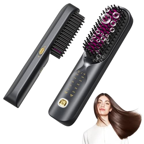 Bopcal Cordless Hair Straightener Brush, Mini Portable Hair Straightening Brush for Travel, Upgraded 300M Anti-Frizz Negative Ions Straightening Comb, 30s Fast Heating, for Long and Short Hair Types