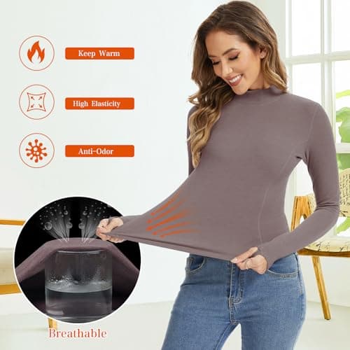 Thermal Shirts for Women Long Sleeve Fleece Tops Running Workout Compression Base Layer Cold Weather for Ski Berry Red - Thumbnail 4