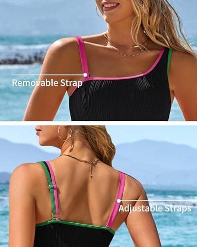 Charmo Textured Slimming 1 Shoulder Bathing Suit for Women One Piece Full Coverage Swimwear Modest Swimsuit 2026 Black S - Thumbnail 2