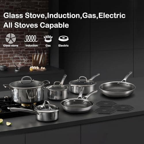 SNOWCLAD Pots and Pans Set Non Stick, 14 Pcs Hybrid Stainless Steel Cookware Sets, Non Stick Frying Pans, Saucepans, Saute Pan & Stock Pot, PFOA Free Kitchen Skillet,Induction Compatible - Thumbnail 5