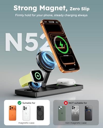 Foldable 3 in 1 Charging Station for Magsafe, Magnetic Phone and Watch Charger Stand for Apple Devices, Wireless Desk Charger Dock for iPhone 17 16 15 14 13 12 Series, Apple Watch and Airpods - Thumbnail 2