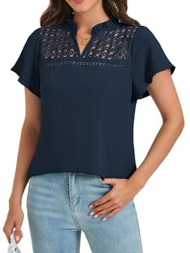 Funlingo Women Summer Tops Ruffle Short Sleeve V Neck Blouses Dressy Casual Eyelet Lace Work Shirts Spring Clothes Trendy Outfits Deep Blue 2XL - Image 1