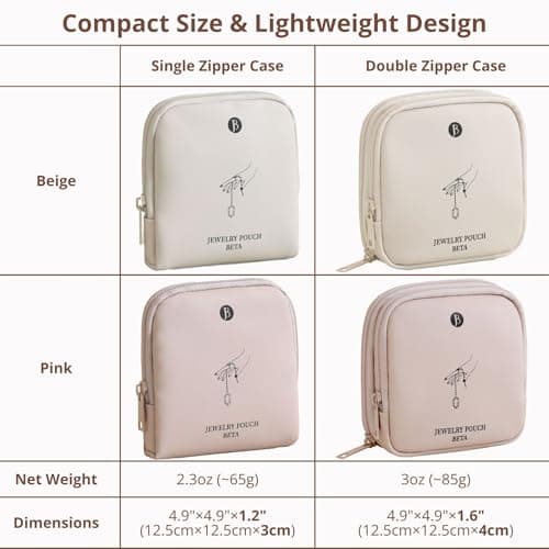 tianzong Small Travel Jewelry Case, Bridesmaid Gifts, Tangle-Free Jewelry Pouch Bag with Gift Box, Waterproof PU Jewelry Organizer for Valuables (Beige, Double Zipper) - Thumbnail 6