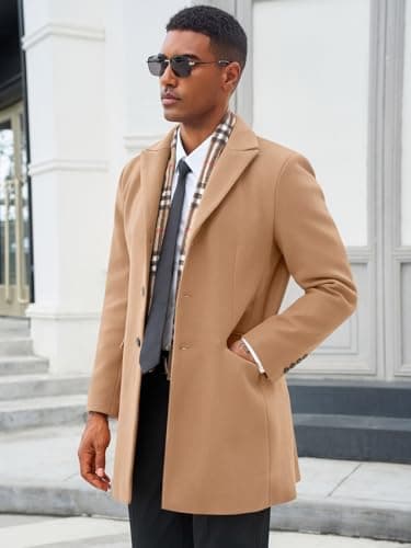 Runcati Men's Pea Coat with Detachable Plaid Scarfs Fall Single Breasted Wool Blend Trench Coat Winter Overcoat - Thumbnail 2