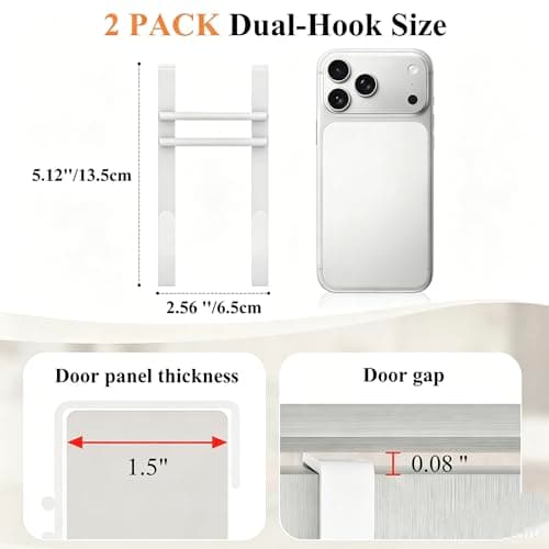 FYY Over the Door Hooks, No Assembly Required 2 PCS Double Hanger Heavy Duty Metal Towel Rack with Soft Pads, Organizer for Coat, Bag, Robe-Fits Bathroom, Closet Dorm Up to 1 1/2", 5.11" Long, White - Thumbnail 4