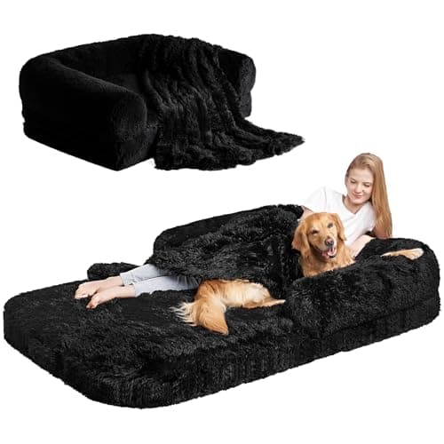 EHEYCIGA Foldable Human Dog Bed, 72"x44"x11" Orthopedic Memory Foam Human Sized Dog Bed, Waterproof Pet Bed for People, Faux Fur Pet Couch for Adult with Non-Slip Bottom, Black