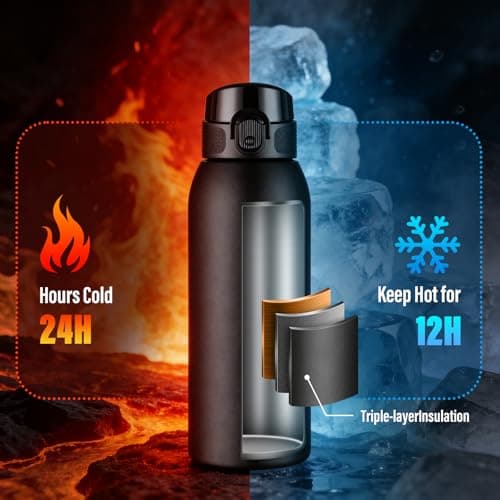 Insulated Water Bottle 24 oz with Dustproof Lid, Carry Handle & Tea Infuser, BPA-Free & Leakproof, Stainless Steel Water Bottles Ideal for Fitness, Hiking, Office & Outdoor Use (Black) - Thumbnail 2