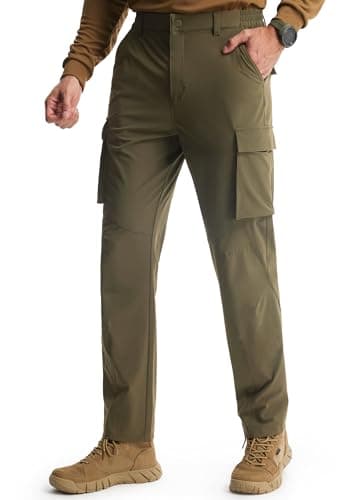 Libin Men's Hiking Pants Lightweight Quick Dry Cargo Pockets Water Resistant Work Travel Pants Elastic Waist Straight Leg Regular Fit Soft Outdoor UPF 50+, Brown, 34W x 32L - Image 1
