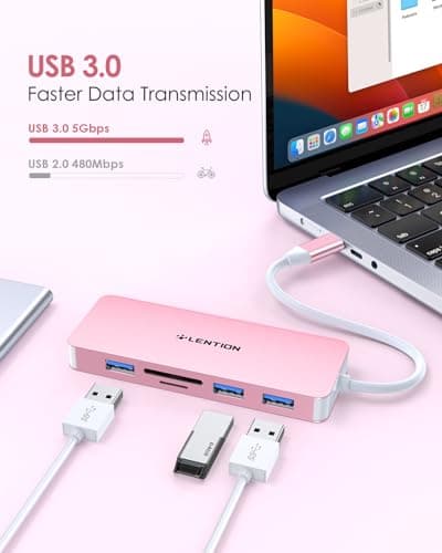 LENTION 5 in 1 USB to USB-C Adapter with Micro SD/SD Card Reader for iPhone, 4K@30Hz HDMI to USB C Hub Multiport Adapater with 3 USB 3.0 Compatible with 2025-2018 MacBook Pro MacBook Neo(Rose Gold) - Thumbnail 4