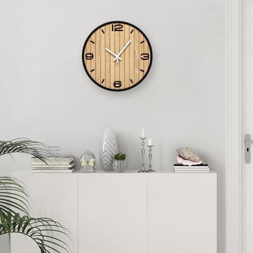 AXAORIRA 12 Inch Round Wall Clock Battery Operated, Wooden Decorative Analog Clocks Non-Ticking Quartz for Apartment, Living Room, Bedroom, Hallway, Classroom - Easy to Install & Read - Thumbnail 6