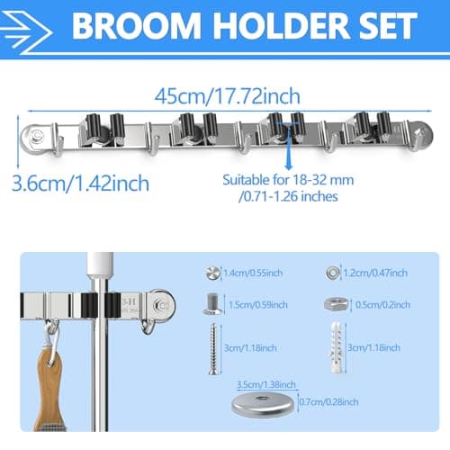3-H Magnetic Broom Holder Wall Mount 2 Pack, 2-in-1 Dual Mount (No Drill or Screw Fix), 304 Stainless Steel Heavy Duty Magnet Mop Broom Organizer for Kitchen Garden Garage(4 Racks & 5 Hooks,Silver) - Thumbnail 2