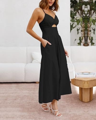 BTFBM Women 2026 Spaghetti Strap Midi Summer Dresses Sleeveless V Neck Cutout Slit Casual Beach Party Maxi Dress Pockets(Black, Large) - Thumbnail 3