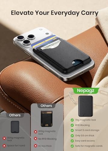Nepagz For MagSafe Wallet, 5-Card Holder with RFID Blocking, Vegan Leather Slim Magnetic Wallet, Bottom Card Ejection, for iPhone 17/16/15/14/13/12 Series, Not for Mini,Black - Thumbnail 2